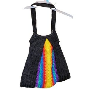 Crochet Lined Black Rainbow Hippie Bag Boho Purse Tote